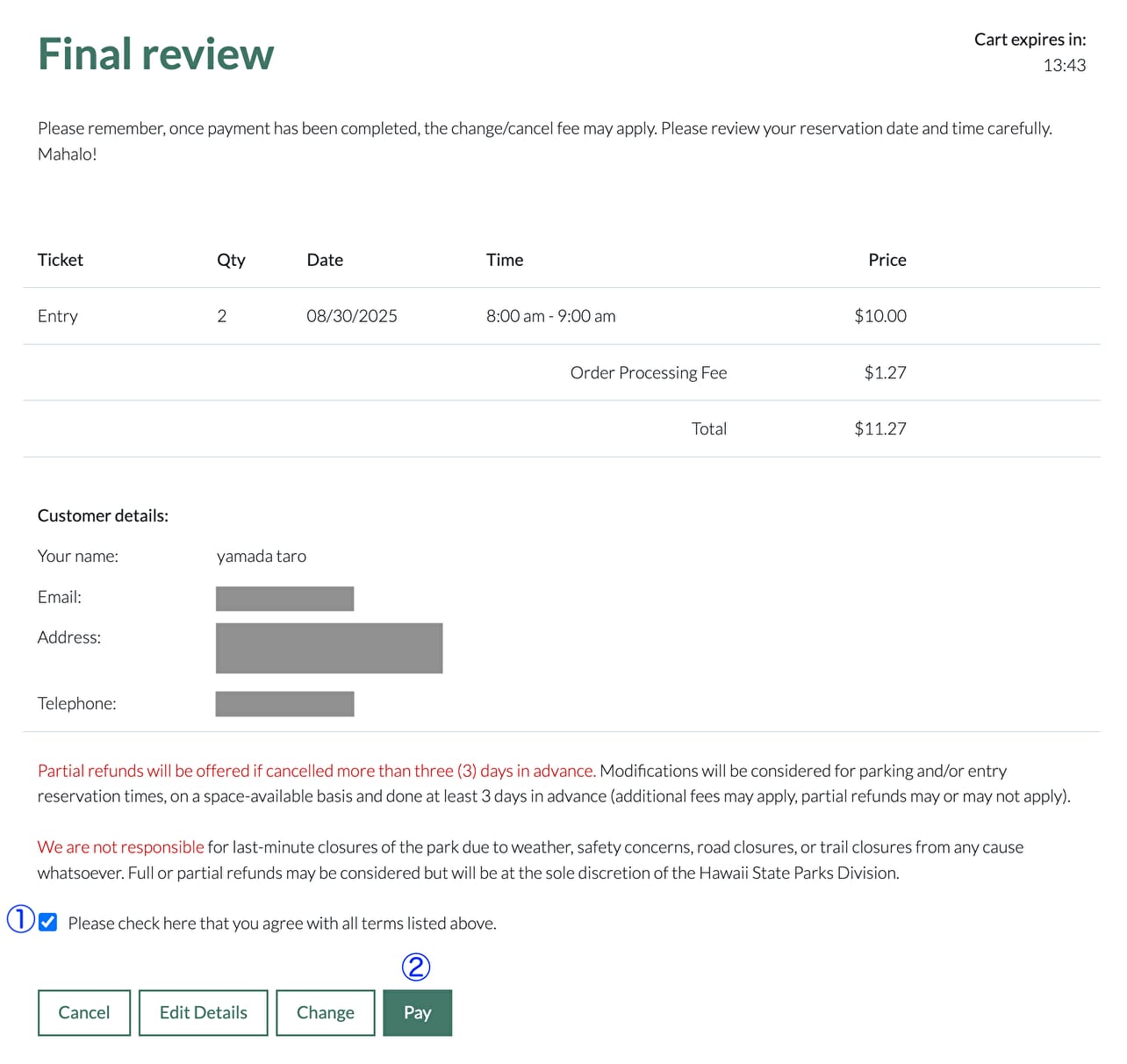 STEP.6 入力内容を確認しPay(支払い)をクリック